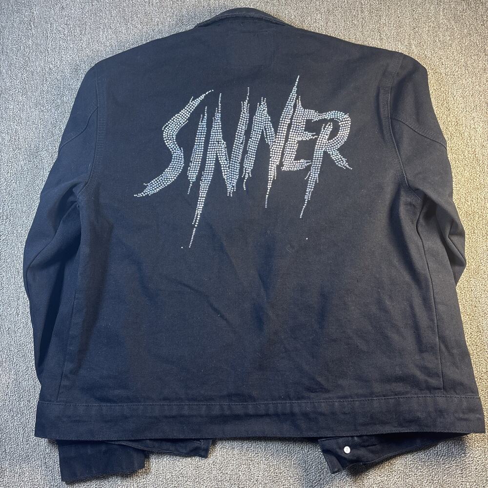 Smoke & Ash Black Denim Jacket Distressed Rhinestone SINNER Back Men’s Size M